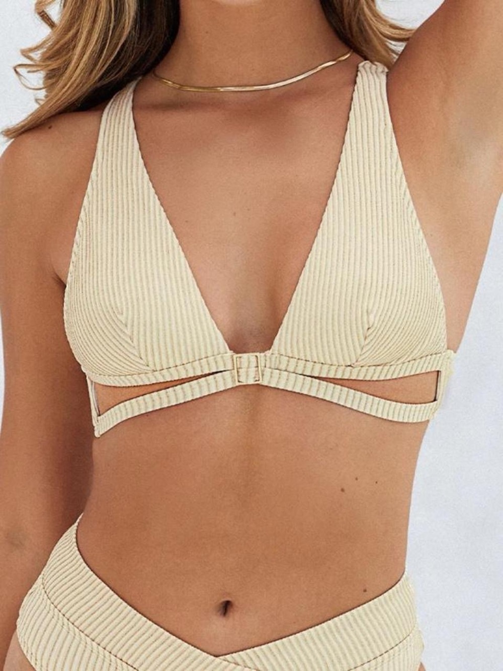 NWT Cupshe Cream Ribbed Bikini Top Small Cutout Criss Cross Swim